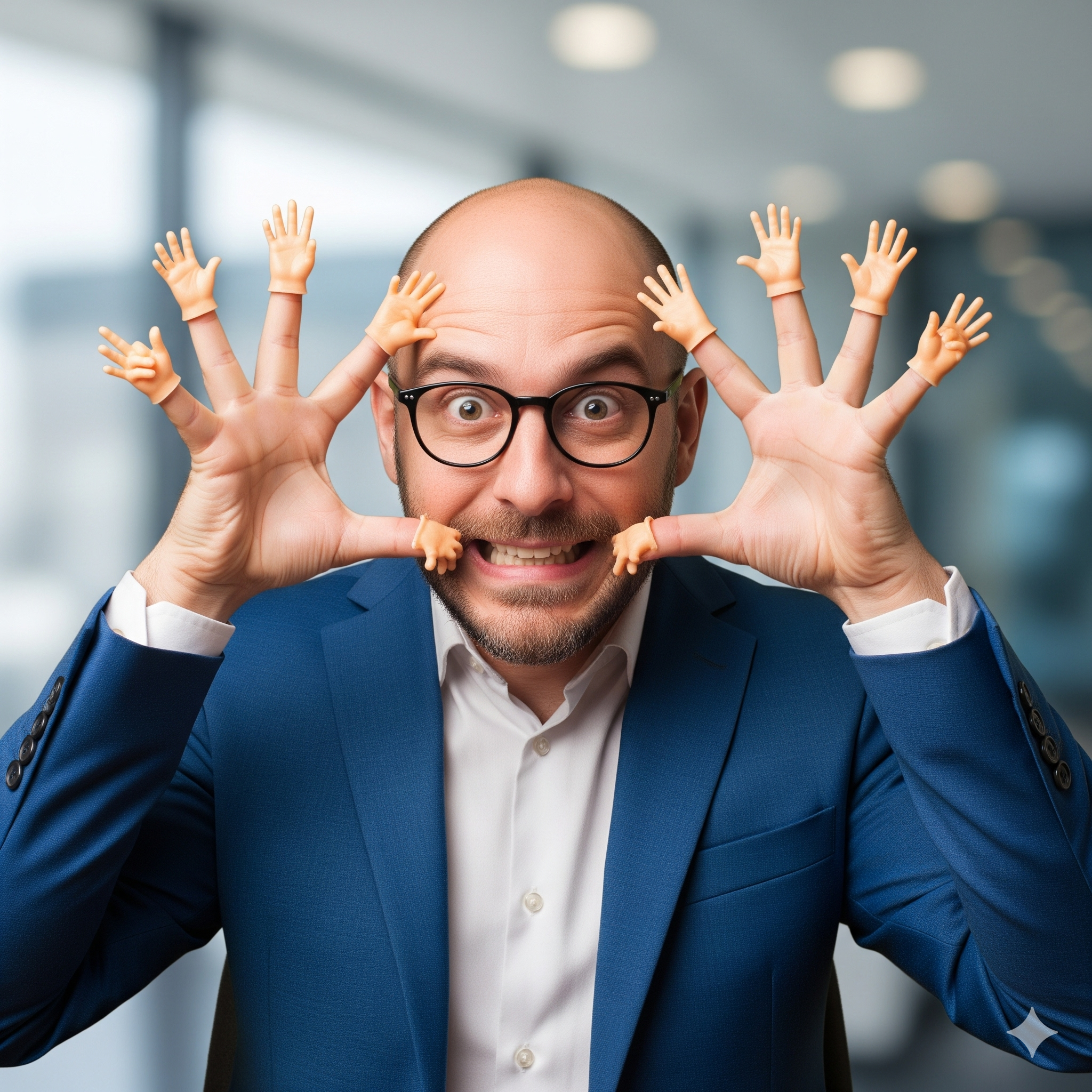 Funny photo of a bald man in a blue suit with tiny plastic hands on every single finger, looking manic like a mad scientist.