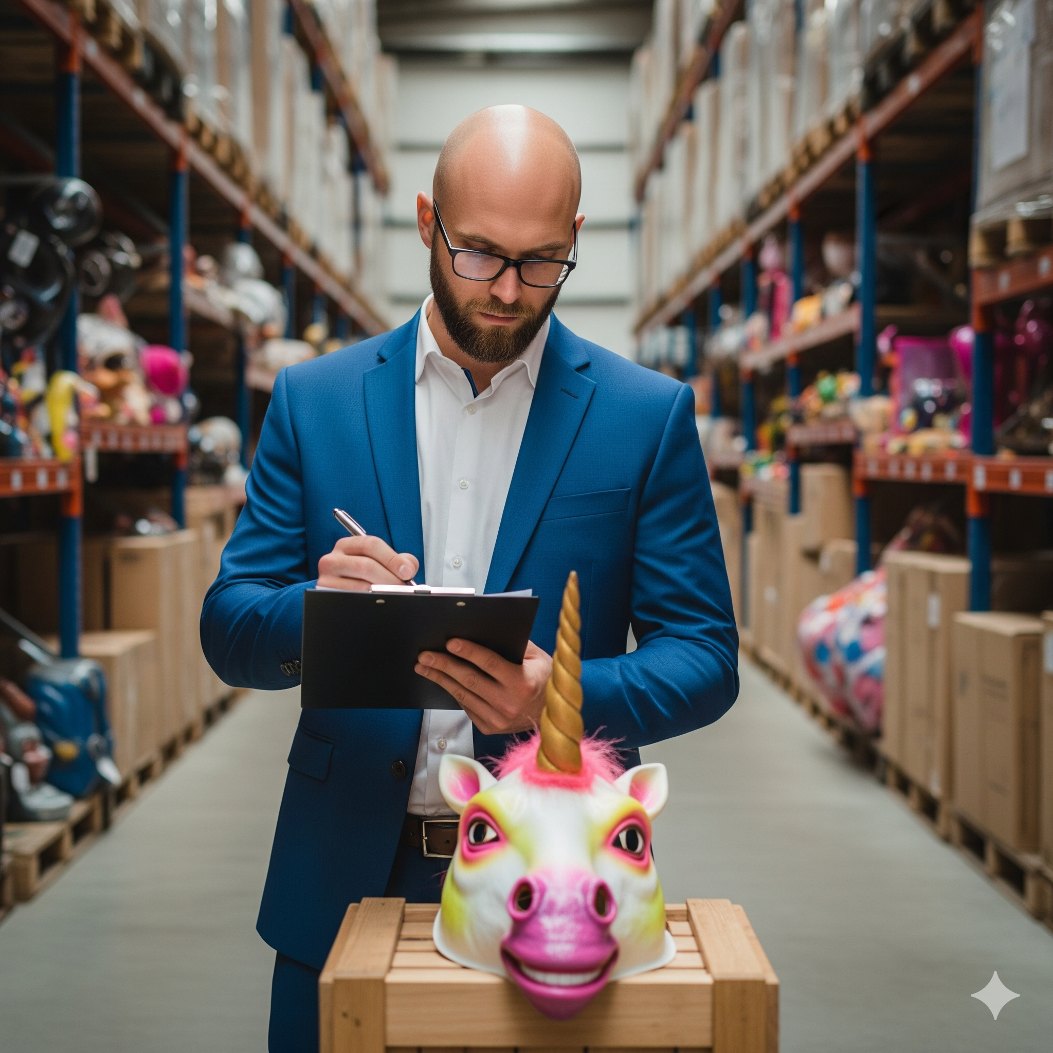 Funny photo of Realtor Jacob Zwack in a sharp suit holding a clipboard, writing a note while professionally inspecting a unicorn mask in a warehouse filled with bizarre gag gifts.