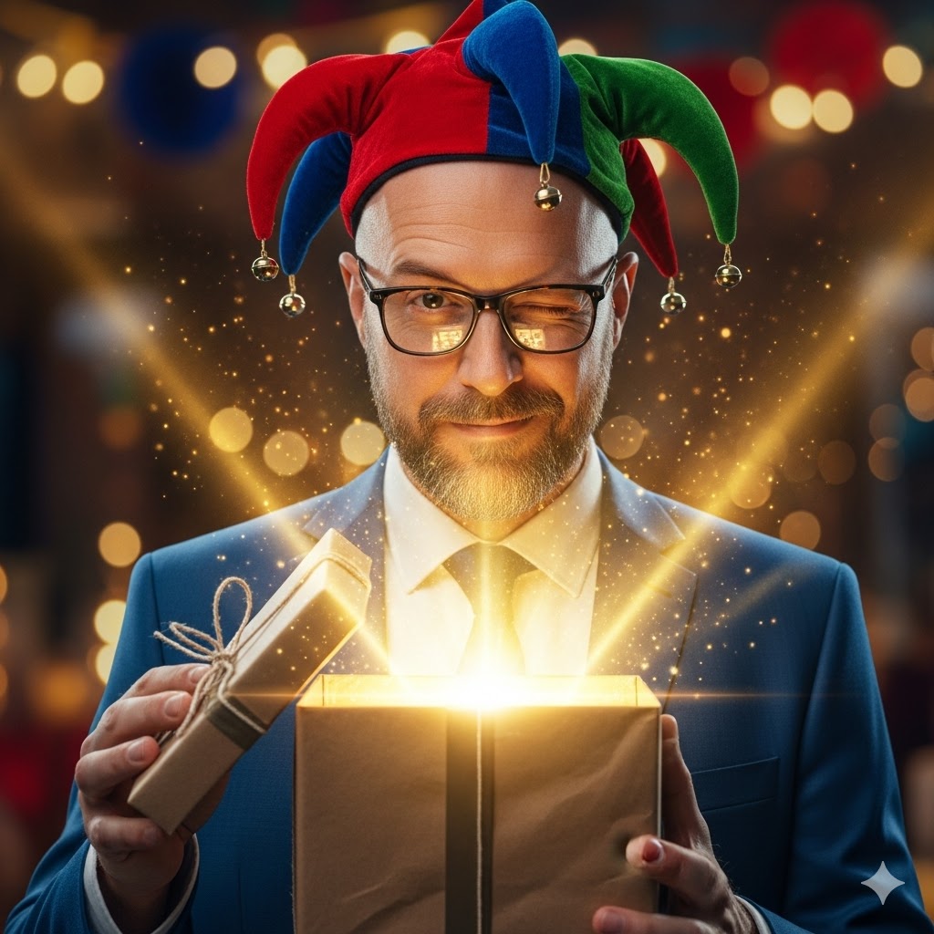 Funny photo of Realtor Jacob Zwack in a suit and jester hat holding a glowing gift box, representing a gag gift that is secretly amazing.
