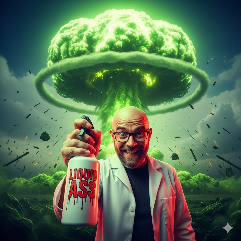 A cinematic image of The Joker (bald with glasses) holding a bottle of Liquid Ass spray in front of a massive green toxic mushroom cloud, representing the ultimate prank.