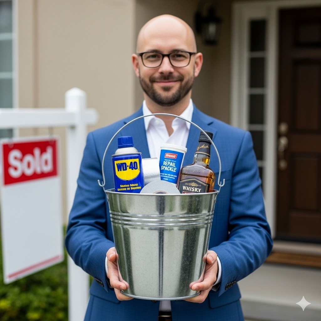 Funny photo of Realtor Jacob Zwack in a blue suit smiling on a porch next to a rustic wooden sign that says 'Go Away' and a small garden gnome, representing a funny housewarming or closing gift.