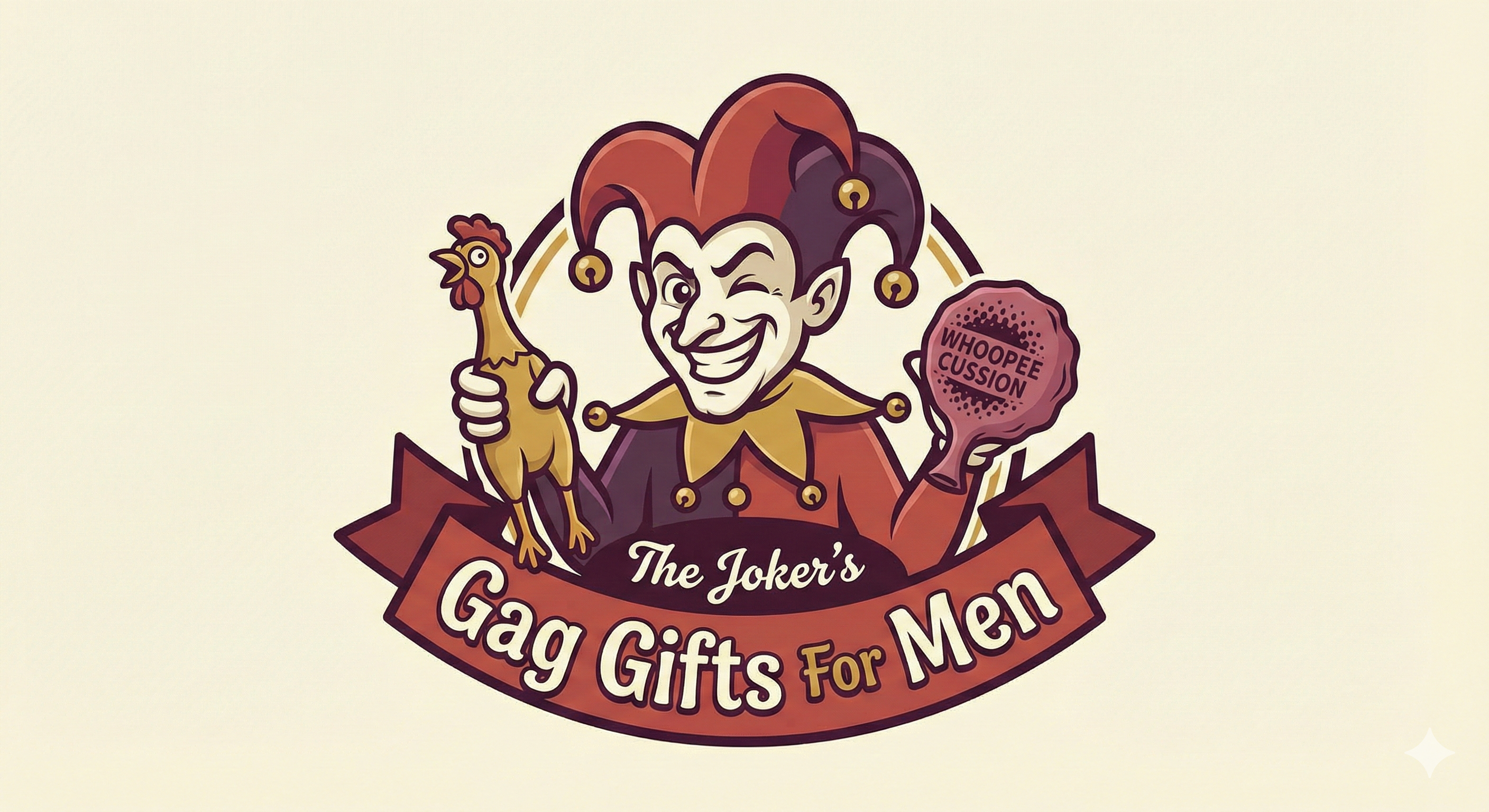 Gag Gifts For Men website logo featuring a whimsical winking jester mascot holding a rubber chicken and a whoopee cushion