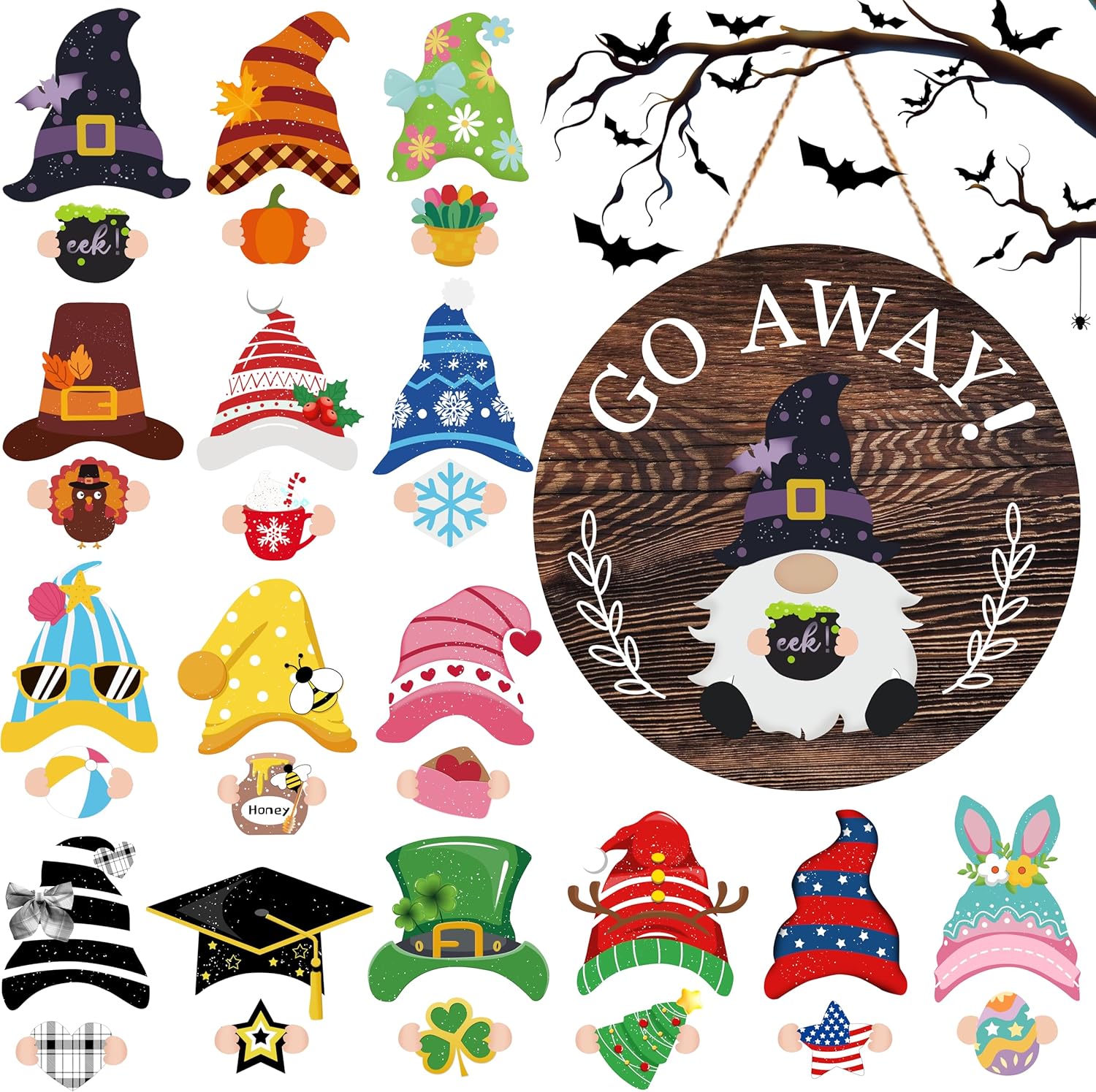 A festive "Go Away" sign made out of wood. This sign features a gnome and comes with outfits that are interchangeable.
