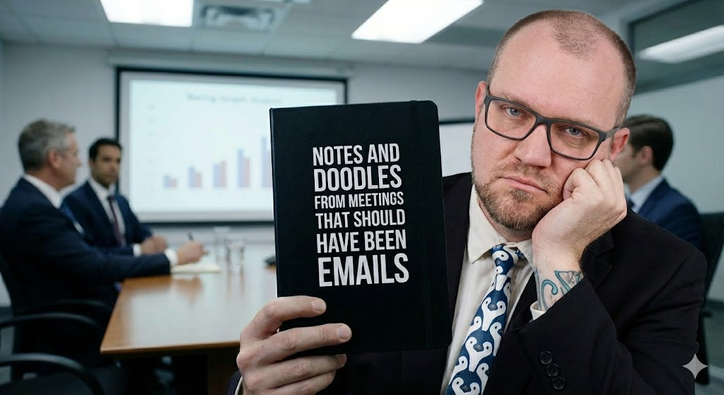 A black office notebook on a conference table with the title 'Notes and Doodles from Meetings that Should Have Been Emails,' perfect for funny coworker gifts
