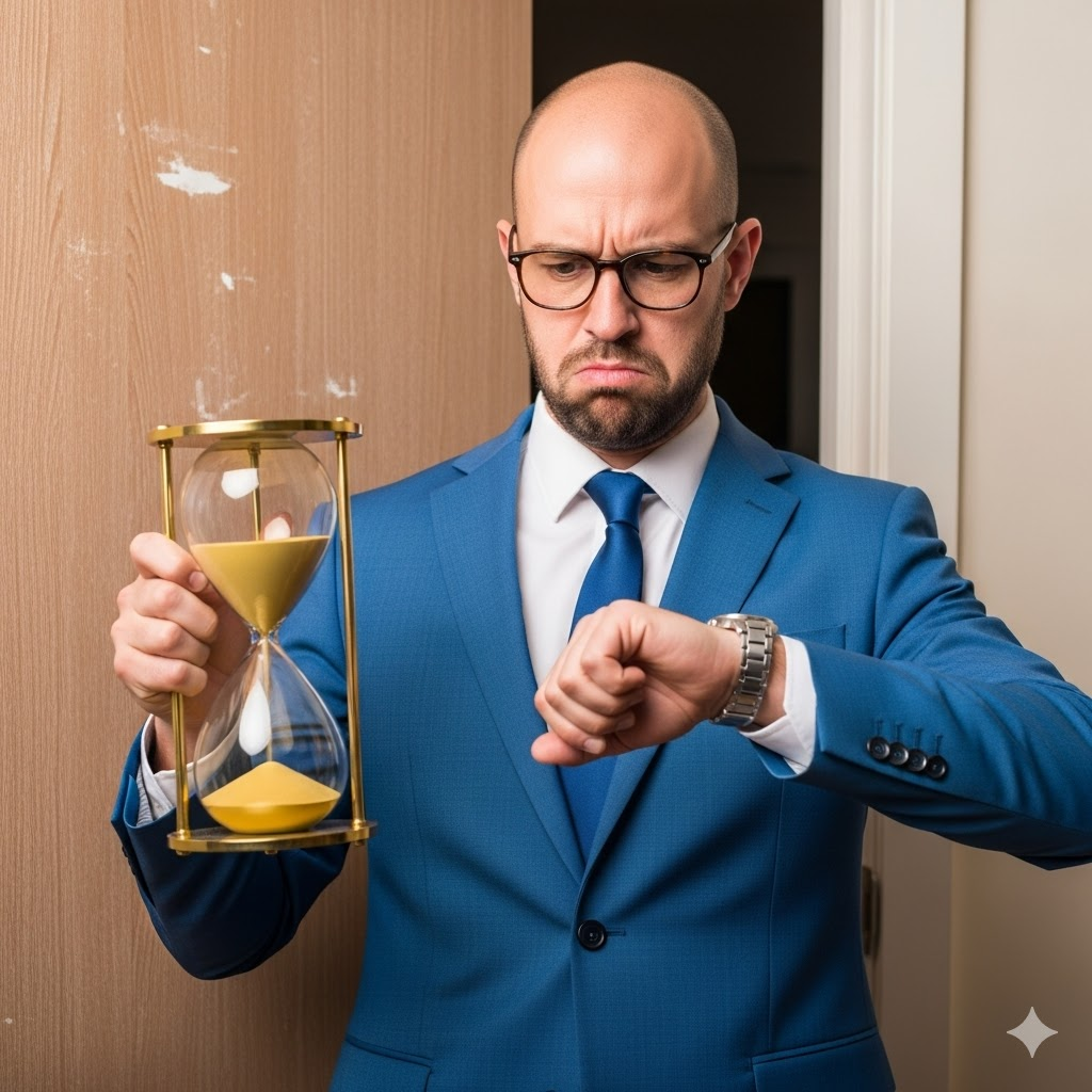 Jacob Zwack in a suit holding a sand timer and looking impatient outside a bathroom door." Caption: "Tick tock, buddy. The market waits for no one.