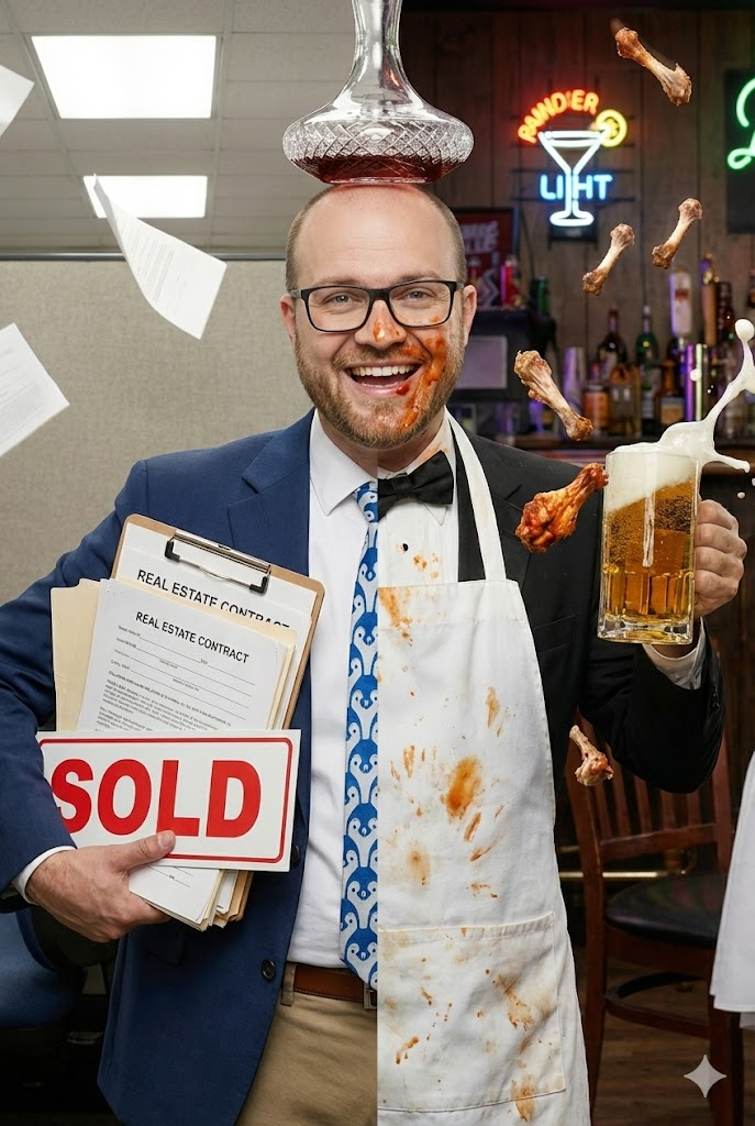 Professional realtor Jacob Zwack pictured in a photo with a blue suit on on the left side, a dirty apron on the right, while holding a beer, real estate contracts, and balancing a bottle on his head.