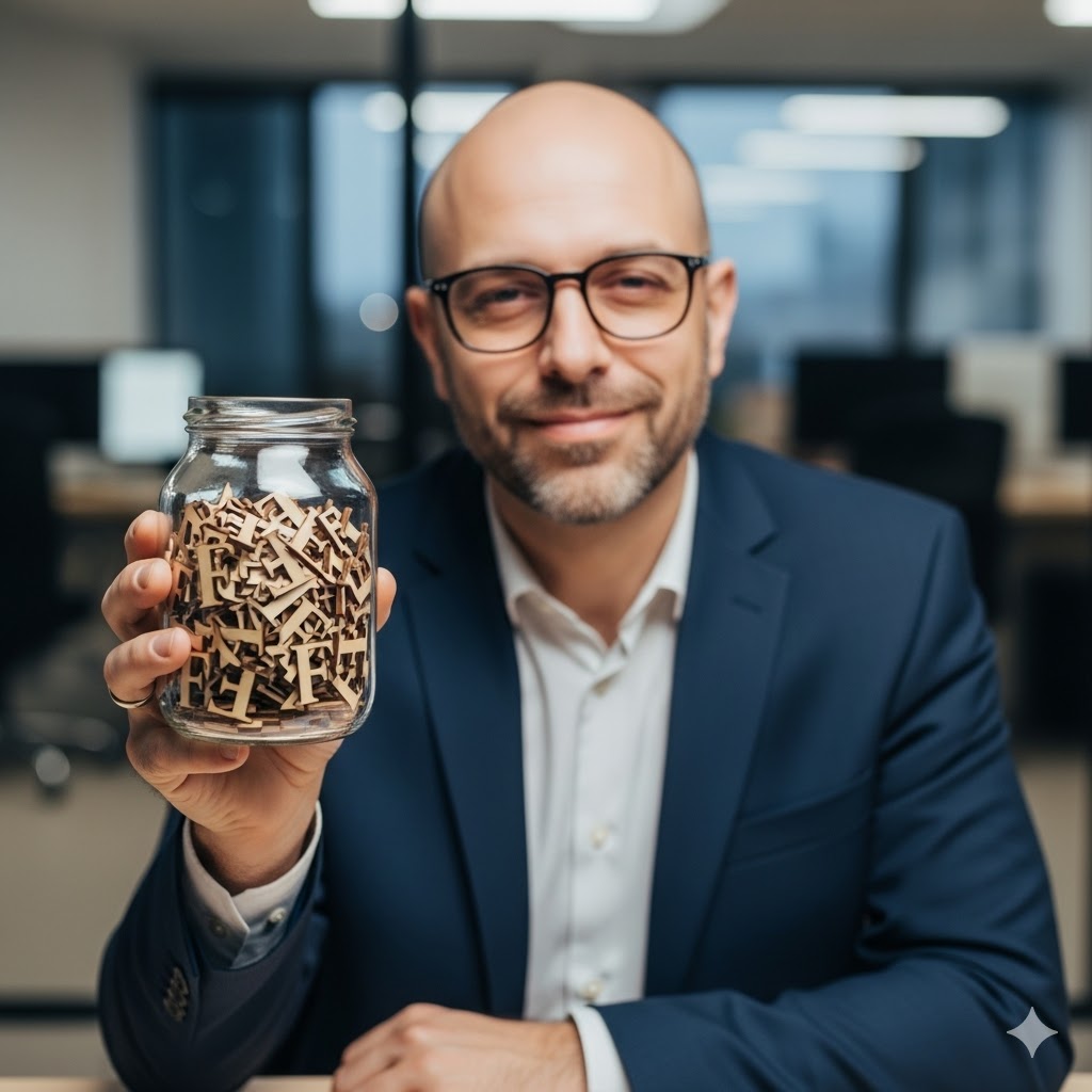 Funny photo of a professional man in a suit holding a glass jar filled with wooden letter Fs, representing a funny office gag gift.