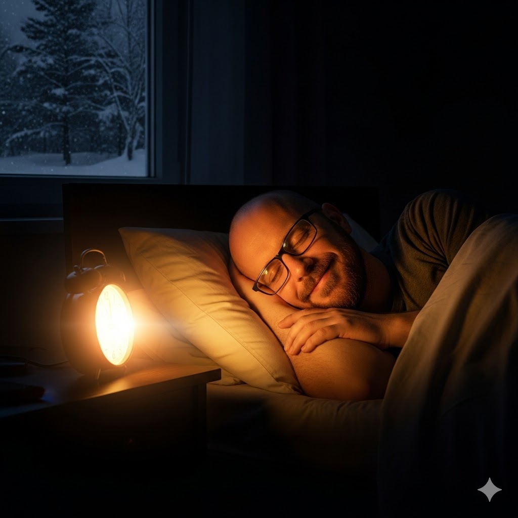 Funny photo of Realtor Jacob Zwack sleeping peacefully in a dark room while a sunrise alarm clock glows brightly next to him, simulating daylight.