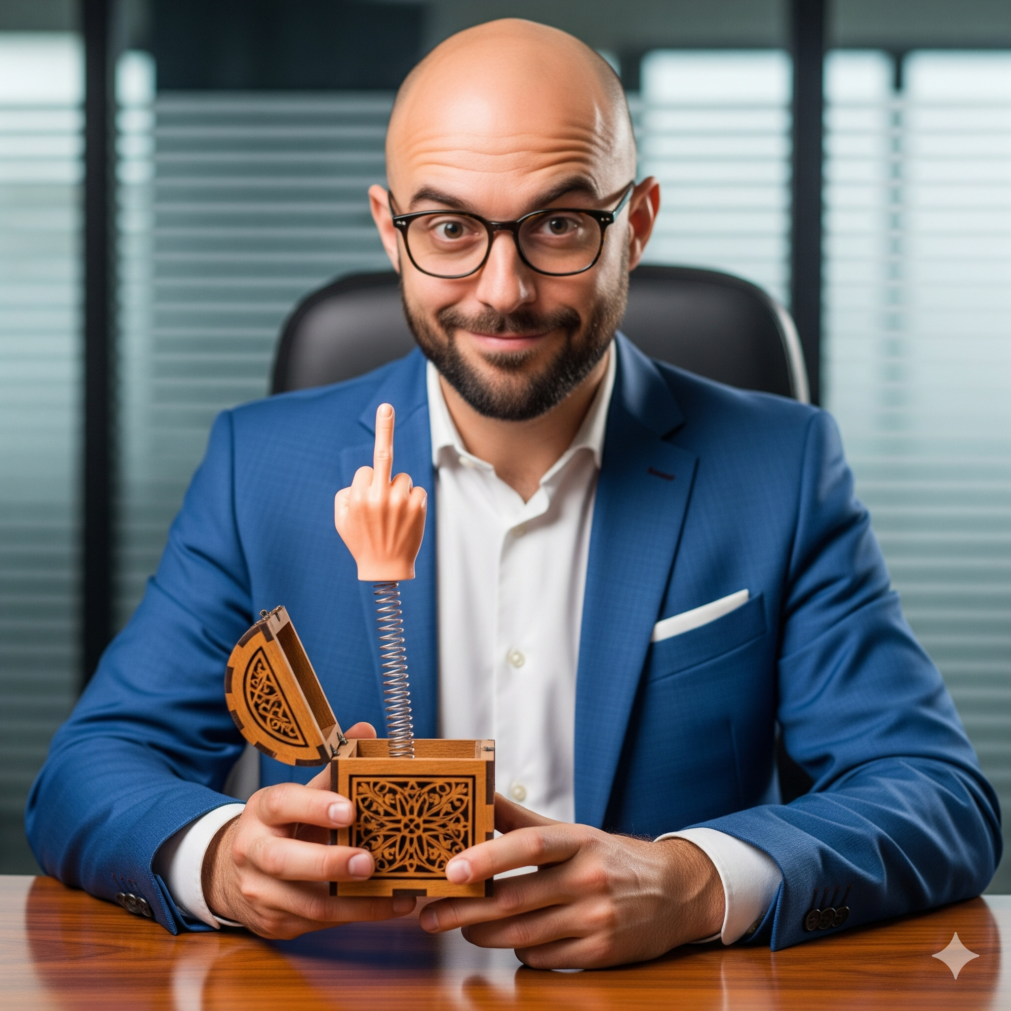 Funny photo of a bald man in a blue suit sitting at an office desk, looking mischievously at a small wooden box that has sprung open to reveal a plastic middle finger." Caption: "The manual unsubscribe. For when 'per my last email' just isn't enough