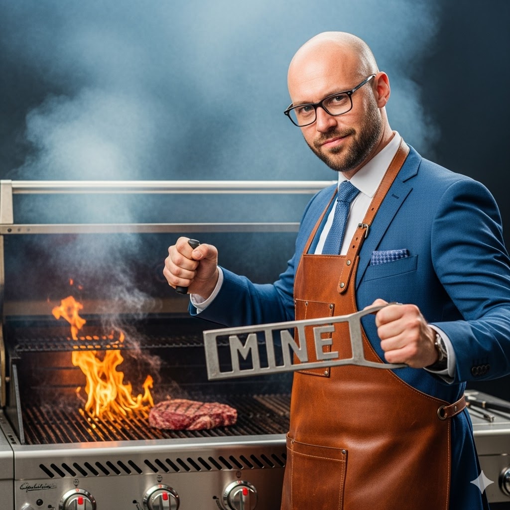 Funny photo of Realtor Jacob Zwack wearing a suit and leather apron, holding a custom steak branding iron that says 'MINE' in front of a luxury grill.