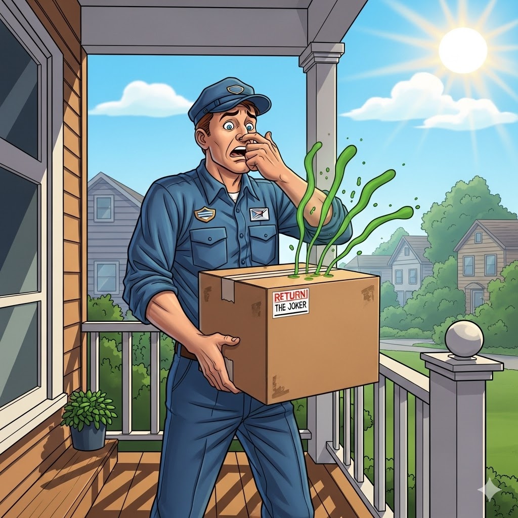 Funny illustration of a mailman looking terrified holding a vibrating, smelly cardboard box labeled 'Special Delivery'.